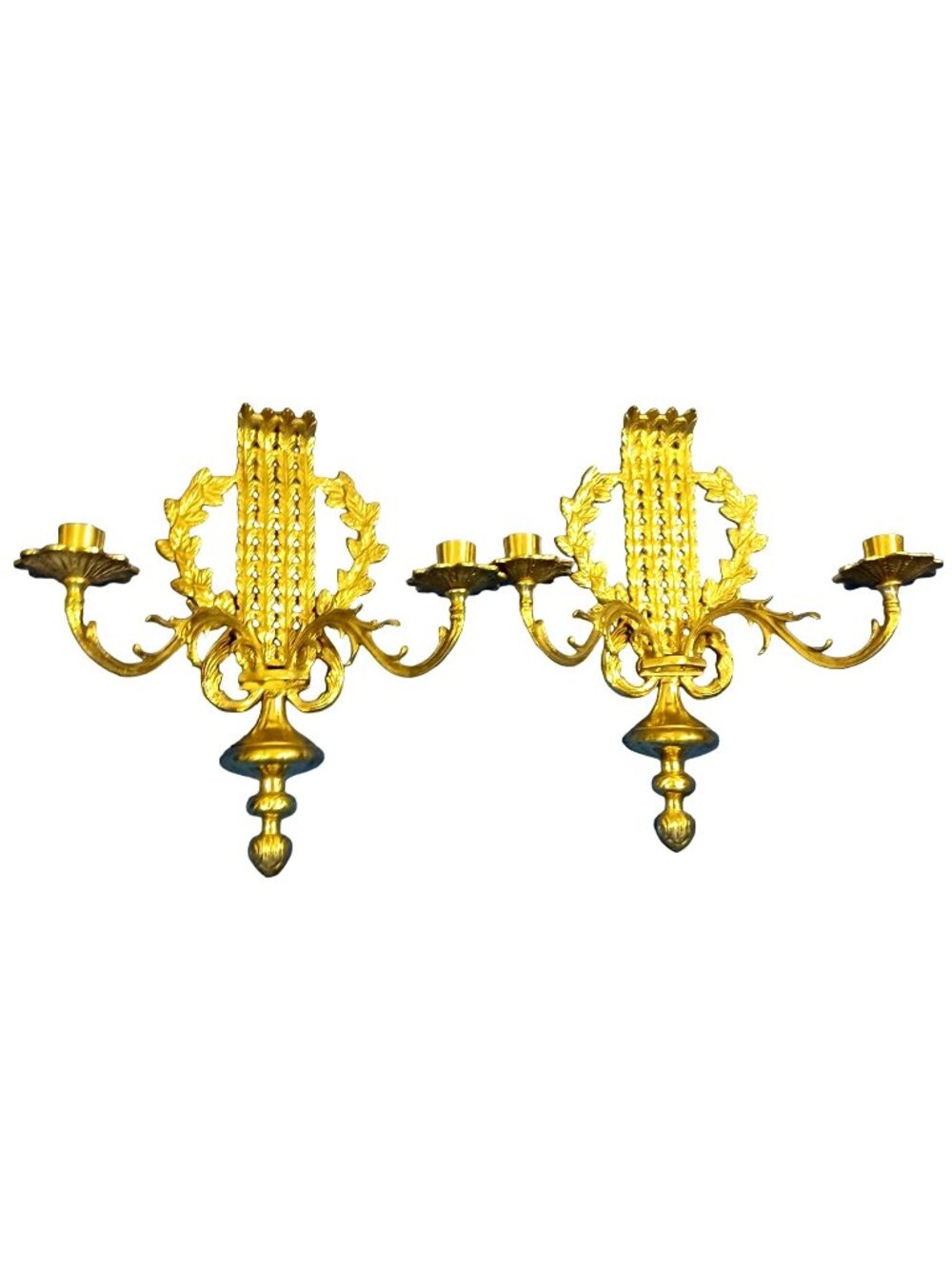 Vtg Gold Brass Wall Sconces 2 Arm Candelabra Mid Century Laurel Acanthus Leaves